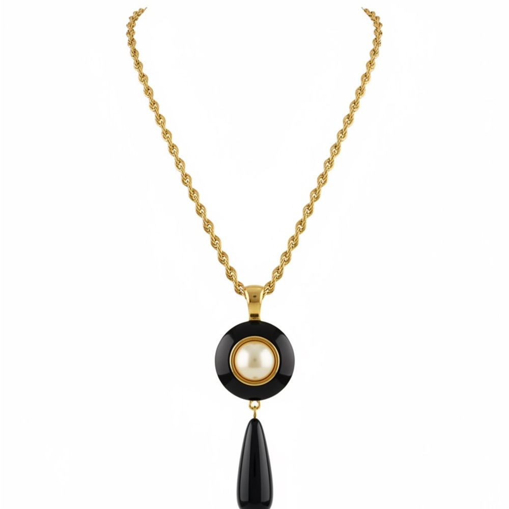 Gold Chain Necklace with Black and Pearl Pendant